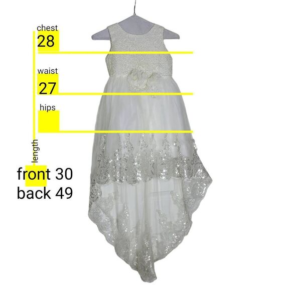 Flower Girl White Hi Lo Silver Sequined Flower Waist Long Train Wedding Dress - Picture 4 of 9